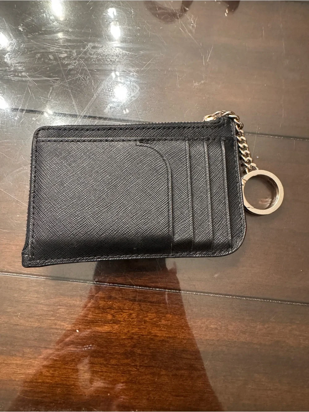 kate spade black Saffiano Leather Zip Key & Card Pouch with Chain Ring